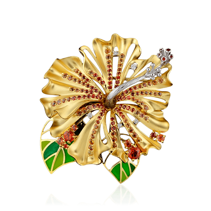 Брошь цветок с цветными сапфирами и бриллиантами в желтом золоте 750 пробы, фото № 1