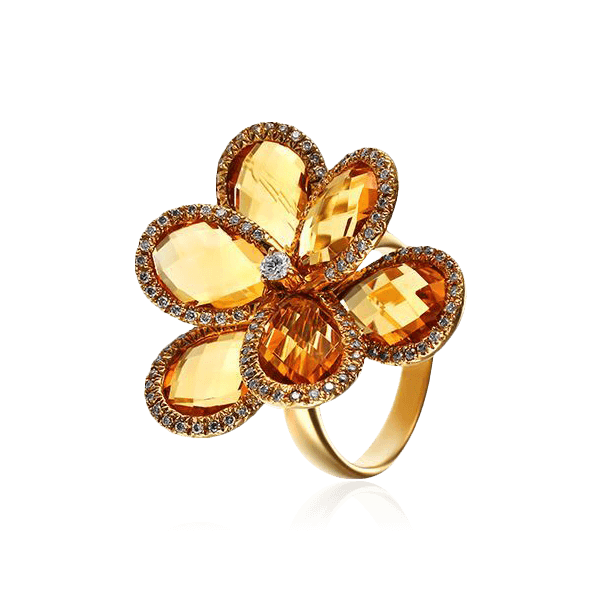 Кольцо цветок с бриллиантами, цитрином из желтого золота 585 пробы (арт. 99037)