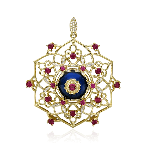 Подвеска из желтого золота 750 пробы с рубином, бриллиантами, эмалью (арт. 12328)