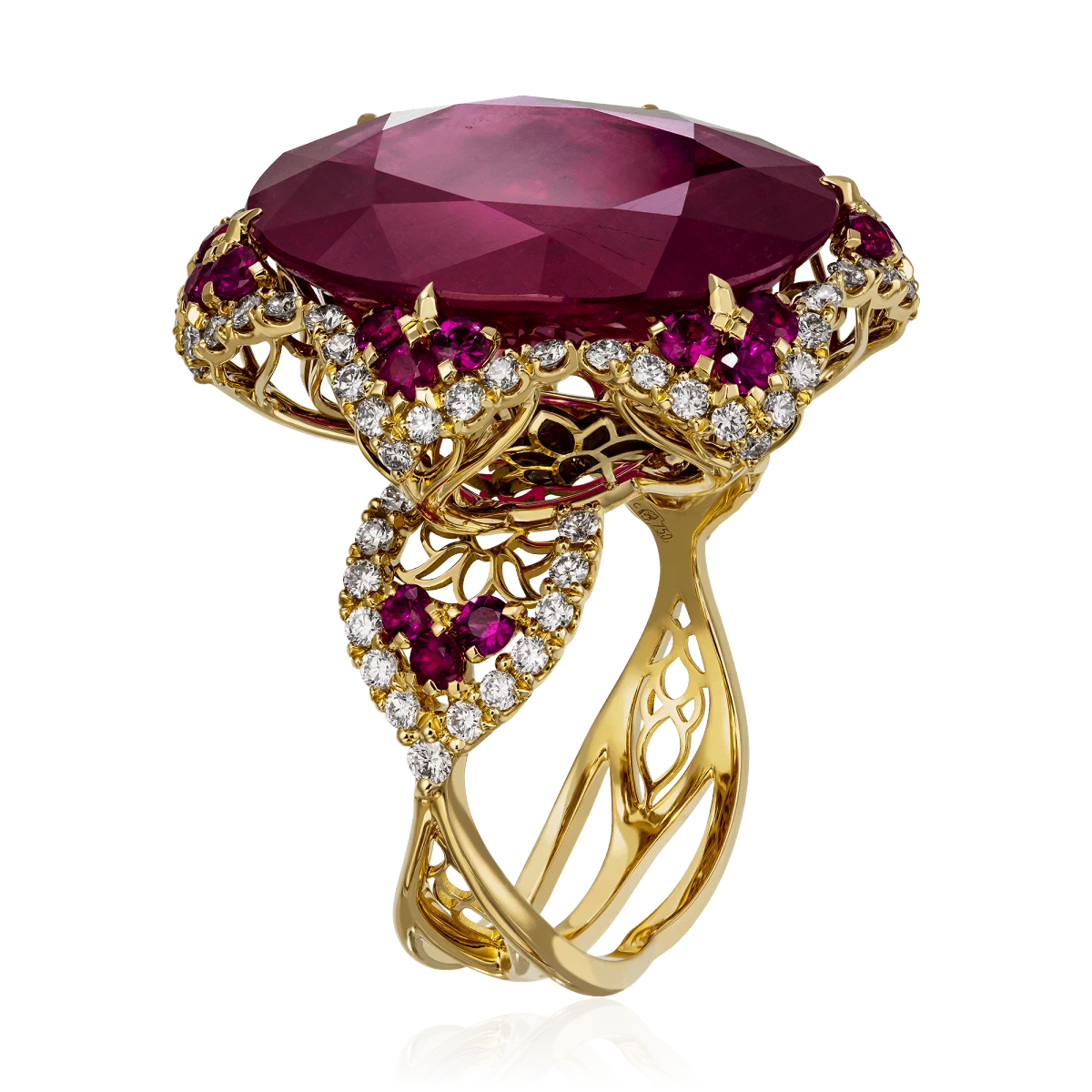 Кольцо с корундом, рубином, бриллиантами, эмалью из желтого золота 750 пробы, фото № 3