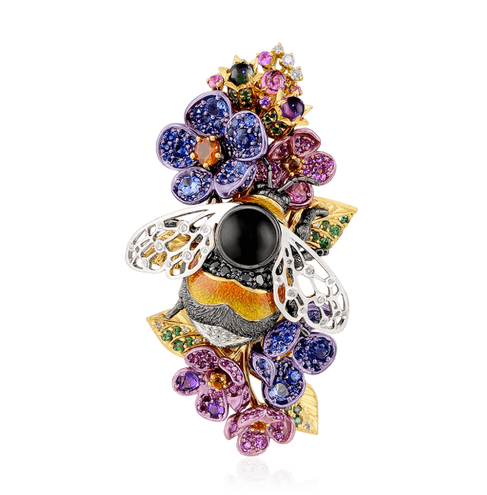 Брошь пчела в цветах с бриллиантами и цветными камнями из комбинированного золота 750 пробы (арт. 38716)