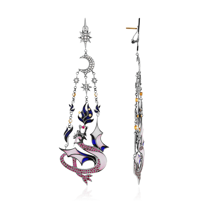 Серьги Драконы с рубином, сапфиром, эмалью, бриллиантами из белого золота 750 пробы, фото № 1