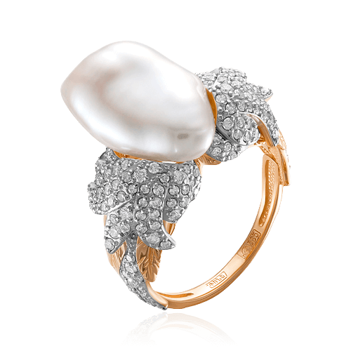 Кольцо с жемчугом, бриллиантами из красного золота 585 пробы, фото № 1