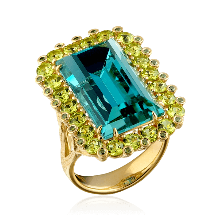 Кольцо с топазом, хризолитами и зелеными бриллиантами в желтом золоте 585 пробы, фото № 1