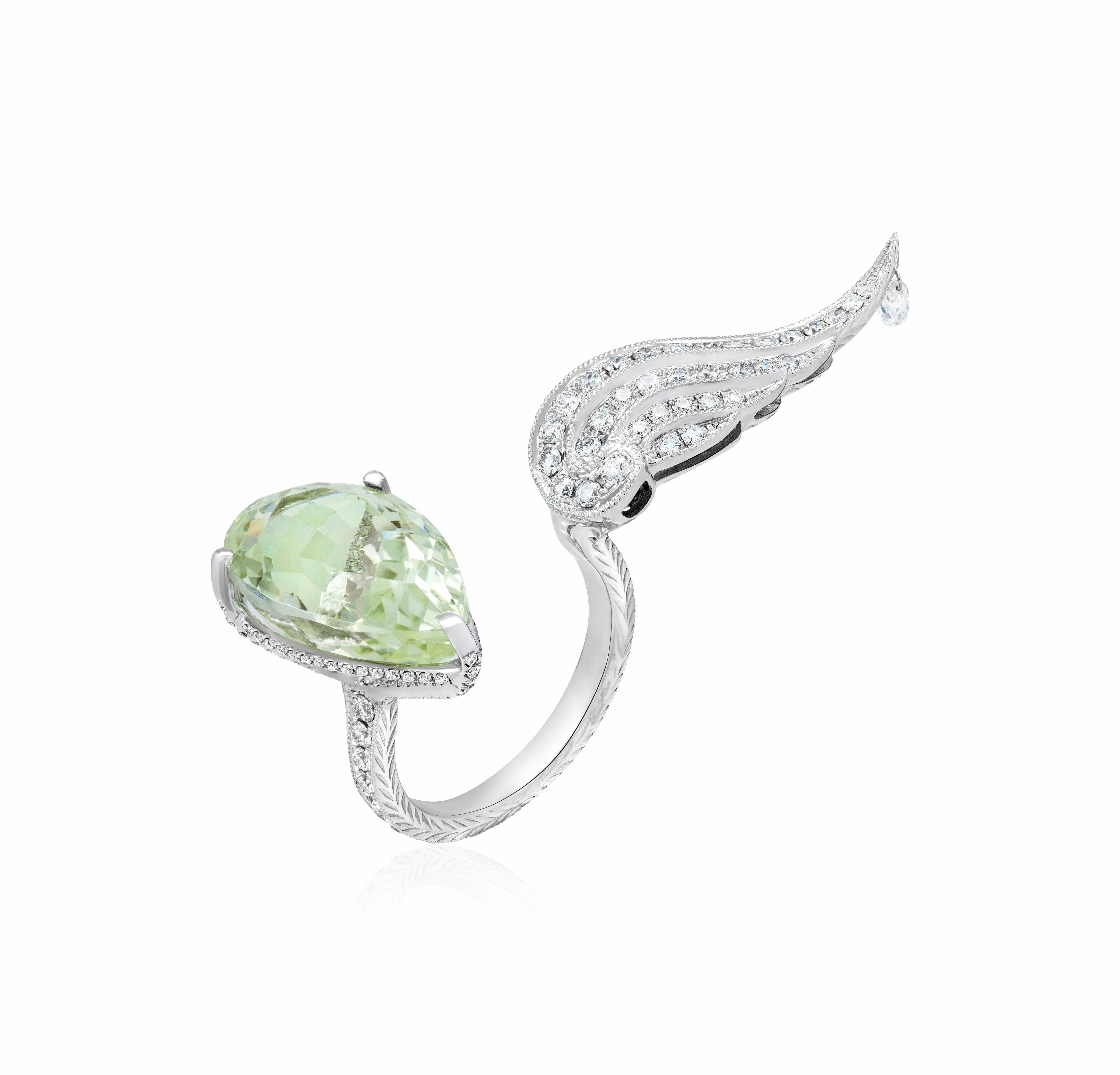 Разомкнутое кольцо Крыло с бериллом, бриллиантами из белого золота 750 пробы, фото № 1