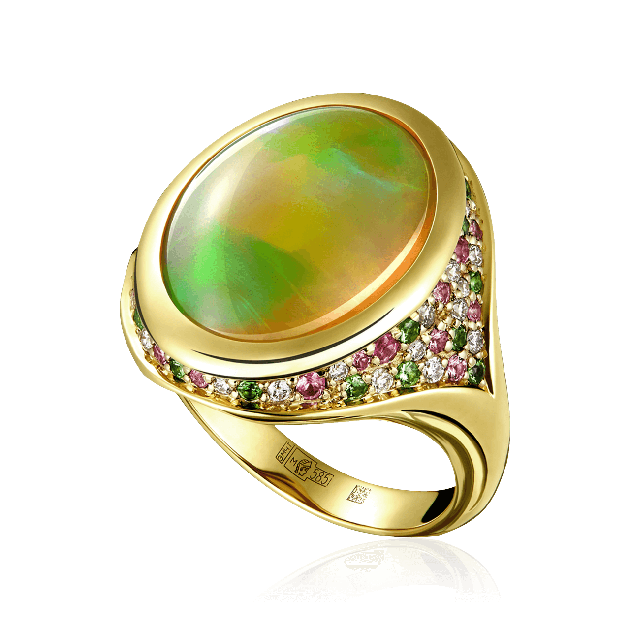 Кольцо с сапфиром, бриллиантами, тсаворитом, опалом из желтого золота 585 пробы (арт. 105245)