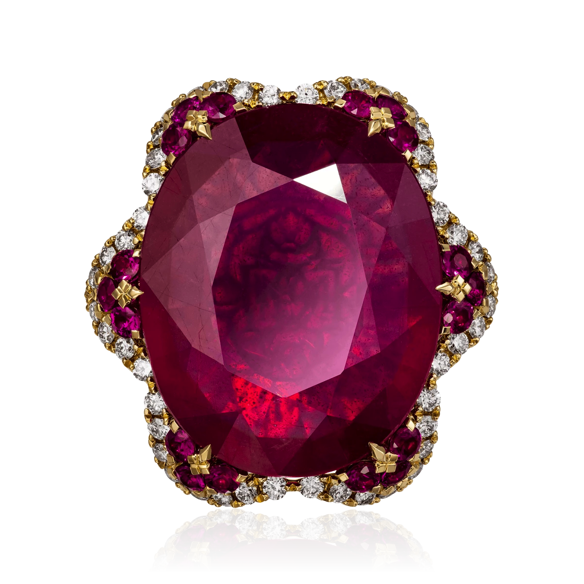 Кольцо с корундом, рубином, бриллиантами, эмалью из желтого золота 750 пробы, фото № 2
