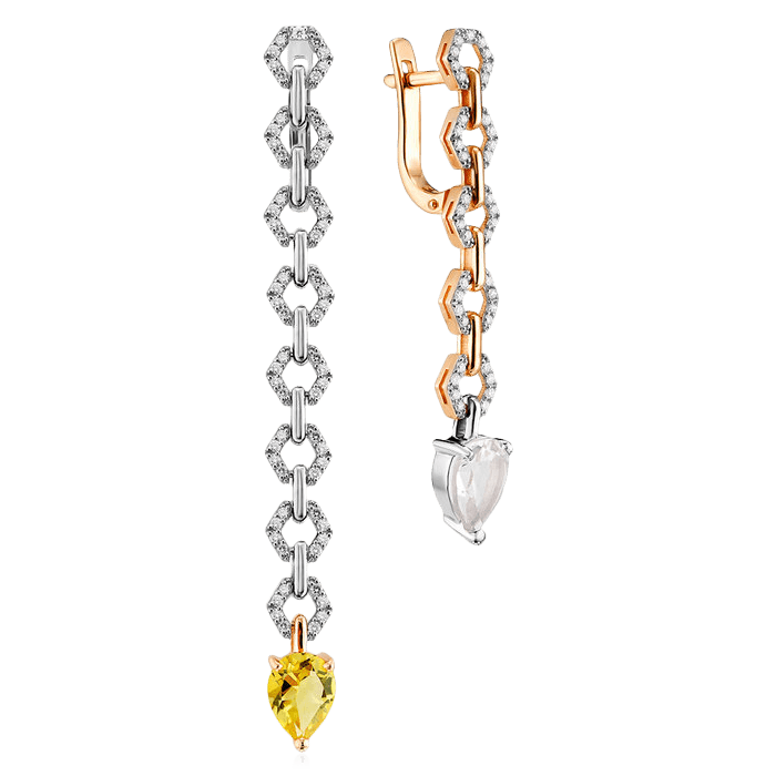 Асимметричные серьги с цитрином, бриллиантами из красного золота 585 пробы, фото № 1