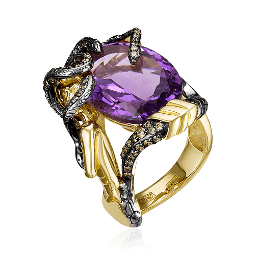 Кольцо Змеи с аметистом, бриллиантами из желтого золота 585 пробы, фото № 1