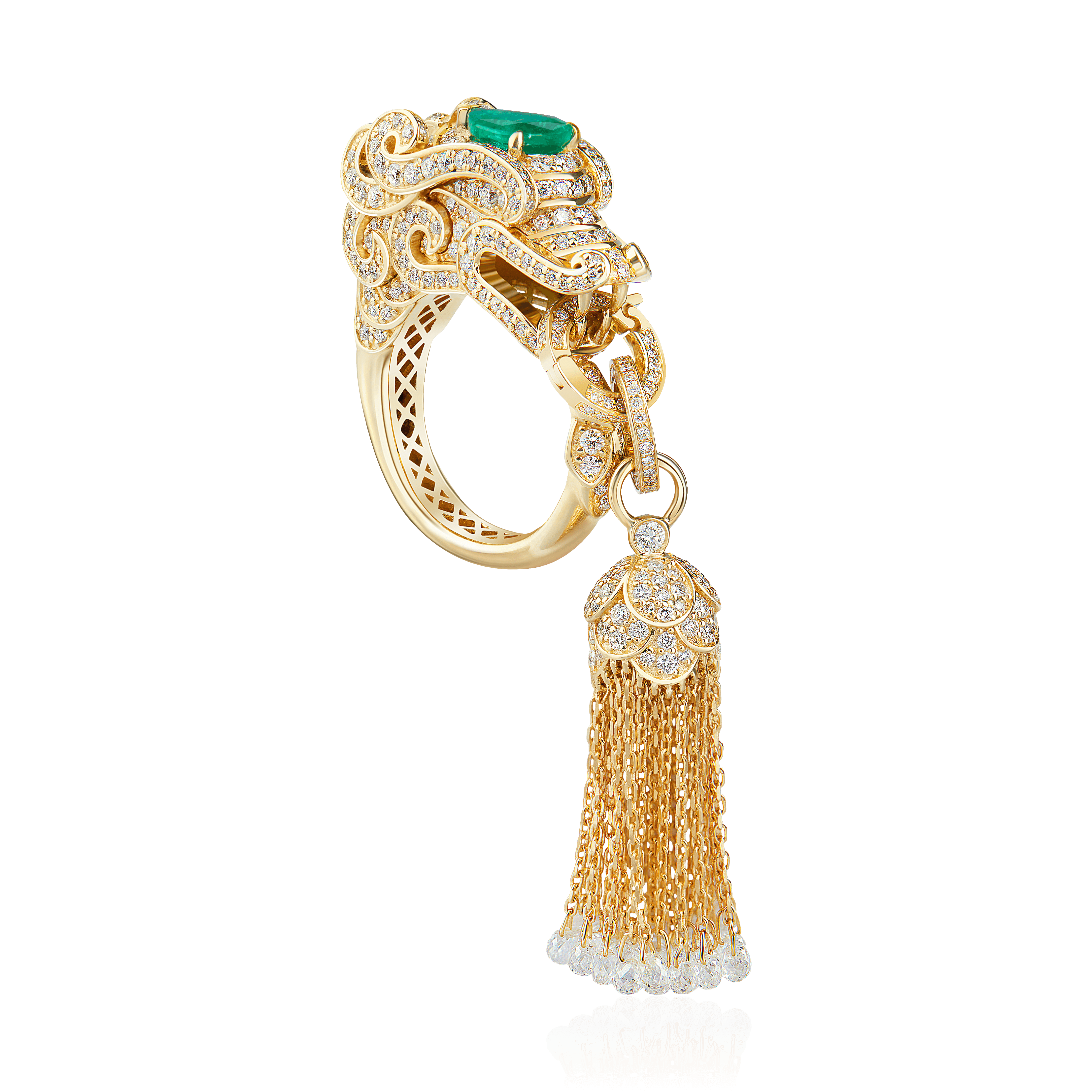 Кольцо Дракон с бриллиантами, изумрудом из желтого золота 750 пробы (арт. 104874)