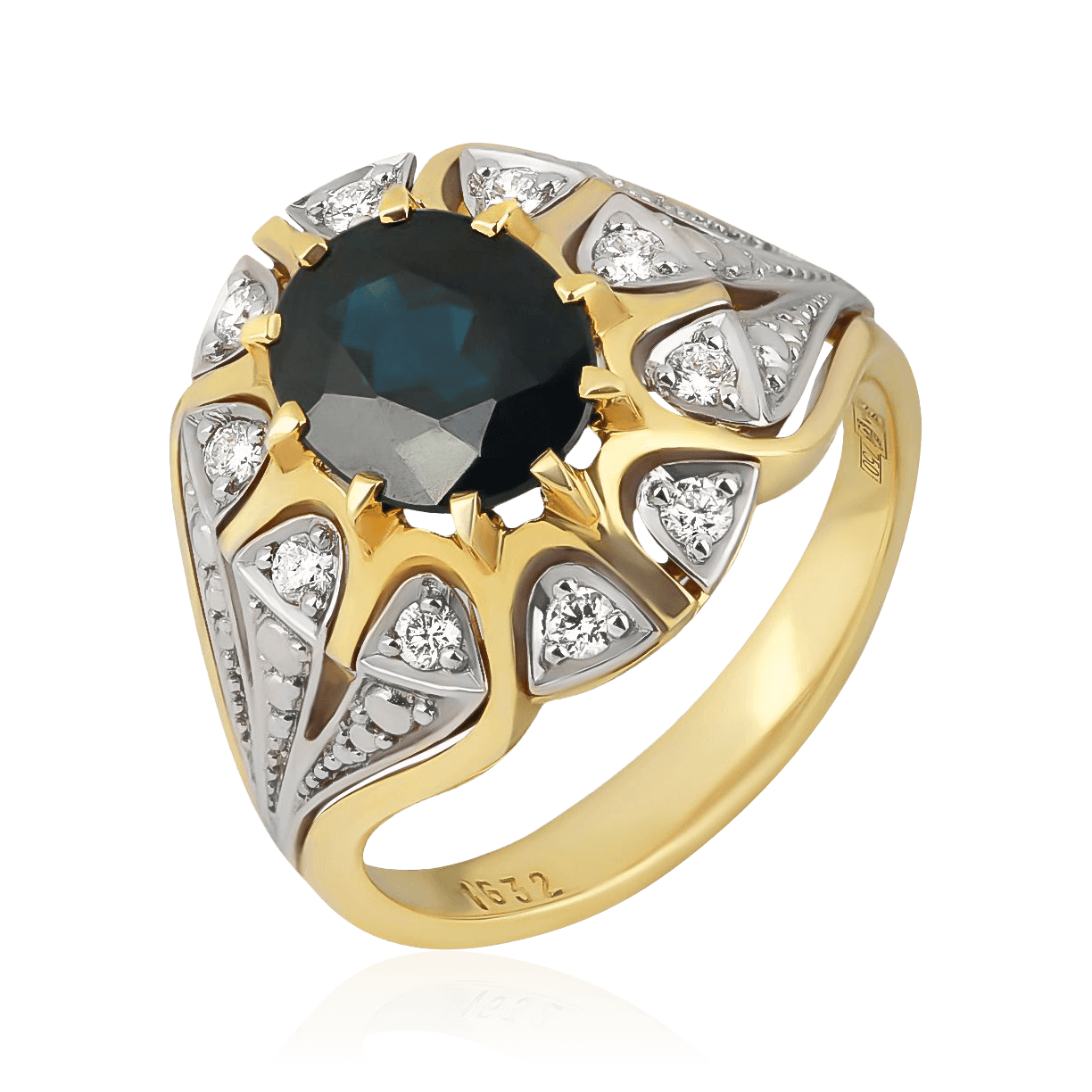 Кольцо с сапфиром, бриллиантами из желтого золота 750 пробы, фото № 1