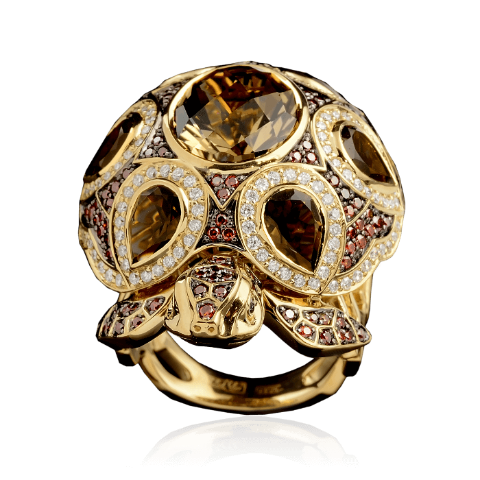 Кольцо Черепаха с раухтопазами, цитрином, бриллиантами в желтом золоте 585 пробы, фото № 2