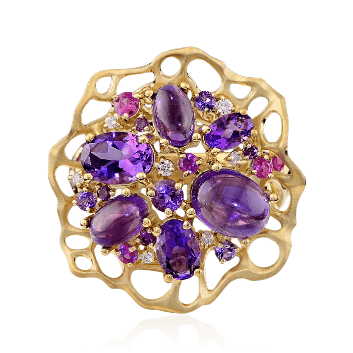Кольцо с аметистом, бриллиантами, сапфиром фантазийным из желтого золота 585 пробы, фото № 2