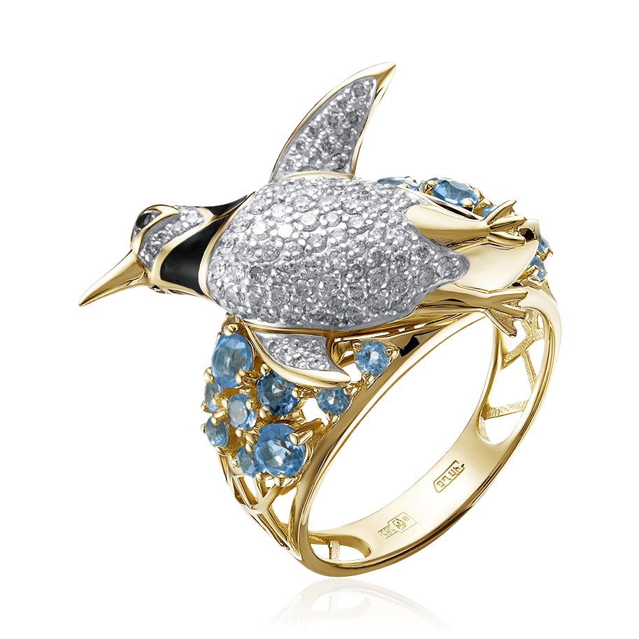 Кольцо Пингвин с топазом, бриллиантами из желтого золота 585 пробы, фото № 1