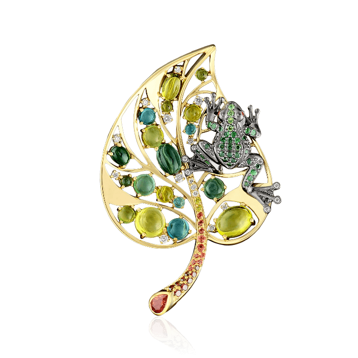 Брошь Лягушка на листочке с цветными камнями и бриллиантами в желтом золоте 750 пробы (арт. 32657)