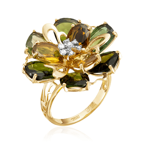 Кольцо Цветок с турмалином, бриллиантами из желтого золота 585 пробы (арт. 99078)