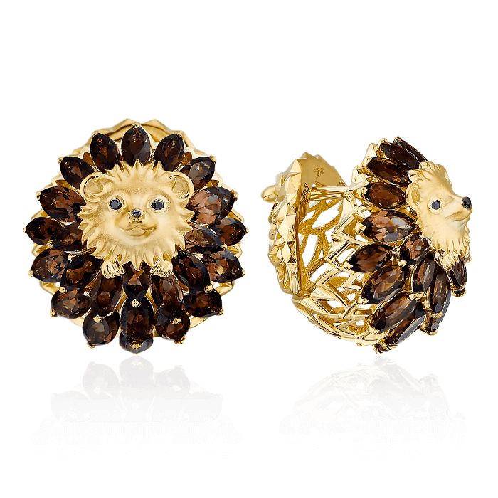 Серьги Ежики с раухтопазом, бриллиантами из желтого золота 750 пробы, фото № 1