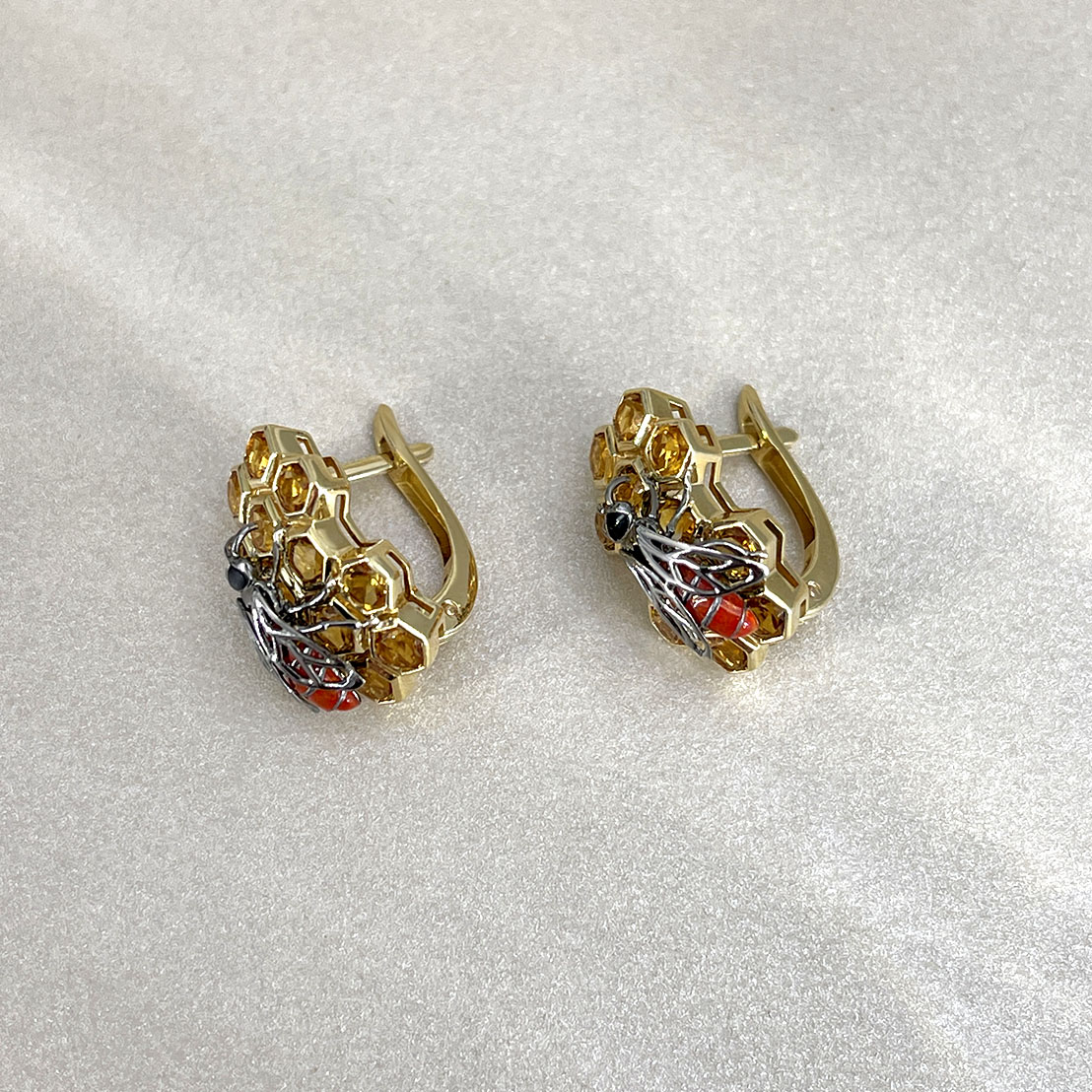 Серьги Пчелы с цитринами и эмалью в комбинированном золоте 585 пробы, фото № 3