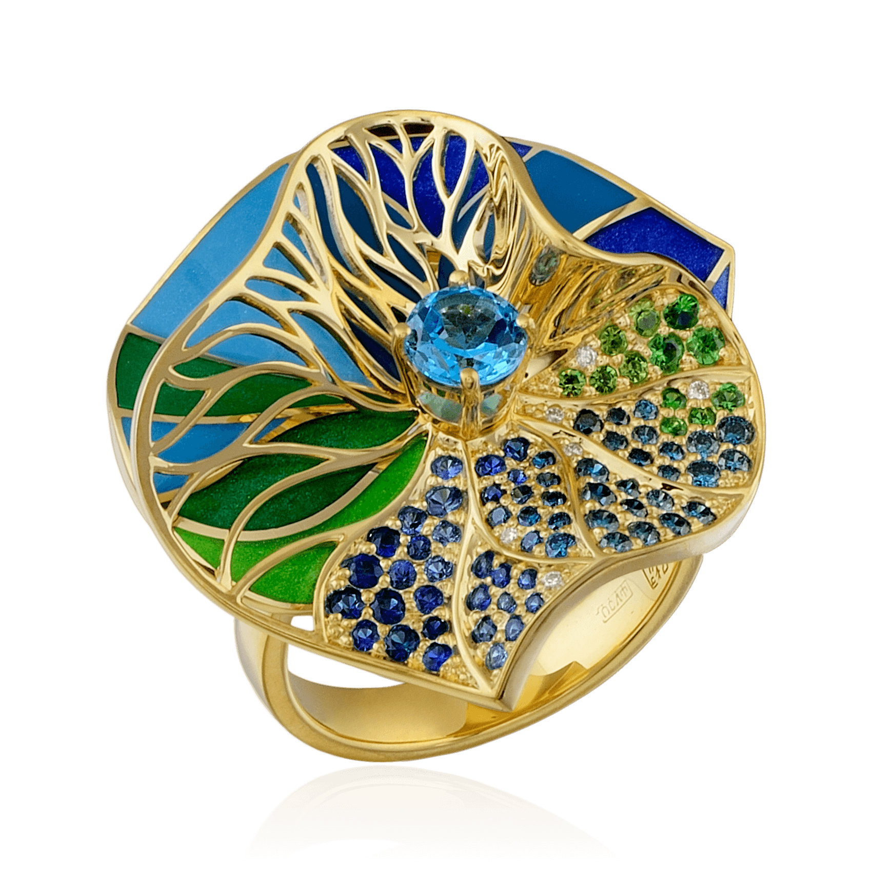 Кольцо в виде цветка с топазом, сапфиром, бриллиантами, эмалью, демантоидом, тсаворитом из желтого золота 750 пробы (арт. 99406)