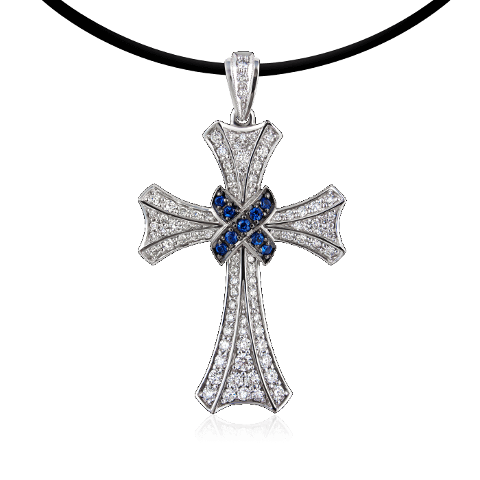 Крест с сапфиром, бриллиантами из белого золота 585 пробы (арт. 37192)