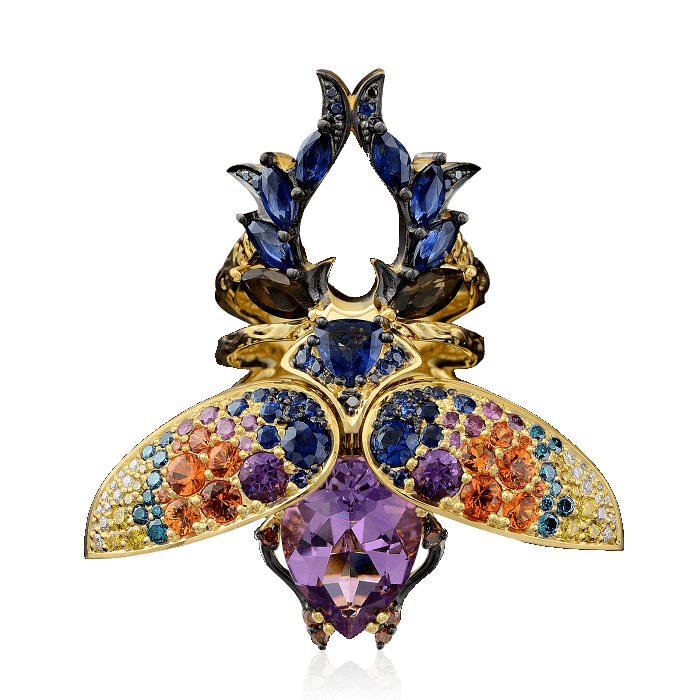 Кольцо Жук-Олень с двигающимися крыльями, украшенный цветными камнями и бриллиантами в желтом золоте 750 пробы, фото № 1