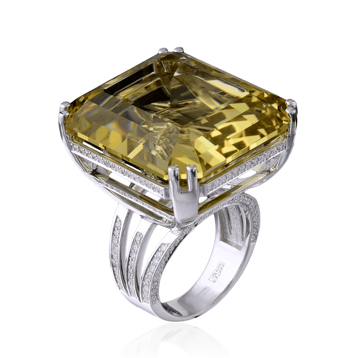 Кольцо с цитрином и бриллиантами в белом золоте 585 пробы, фото № 1