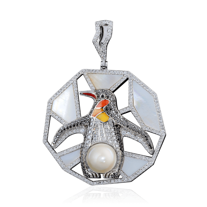 Кулон Пингвин с жемчугом, перламутром и бриллиантами в белом золоте 750 пробы, фото № 1