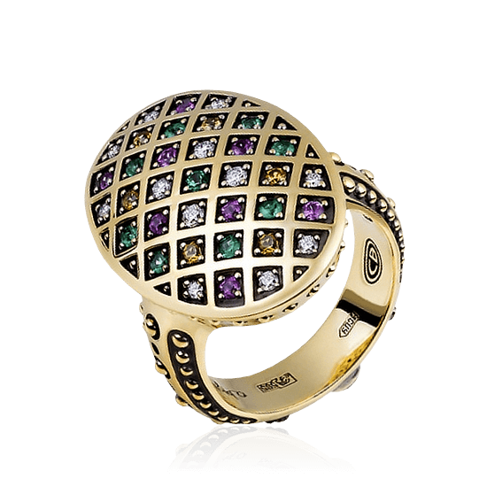 Кольцо с 12 бриллиантами, 10 изумрудами и 14 сапфирами из желтого золота 585 пробы, фото № 1