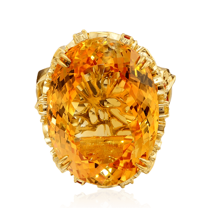 Кольцо с цитрином, бриллиантами, цветными сапфирами из желтого золота 750 пробы, фото № 2