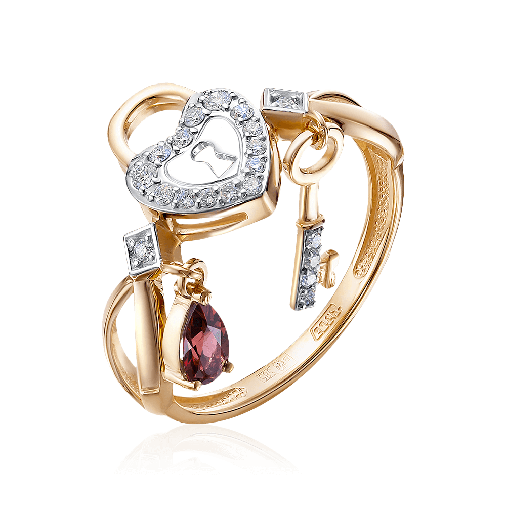 Кольцо  в виде замочка и ключика  с гранатом, бриллиантами из красного золота 585 пробы, фото № 1