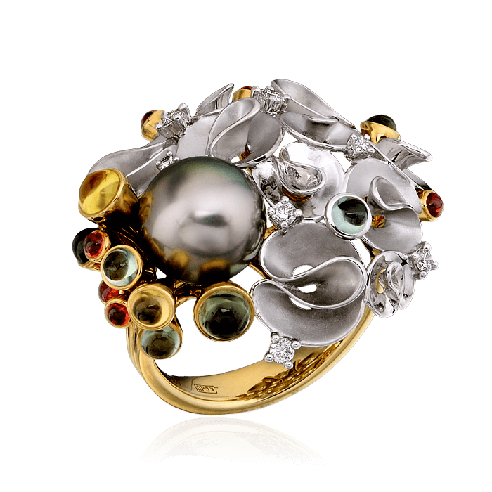 Кольцо с фисташковым морским жемчугом, бриллиантами, цветными сапфирами из комбинированного золота 585 пробы, фото № 1