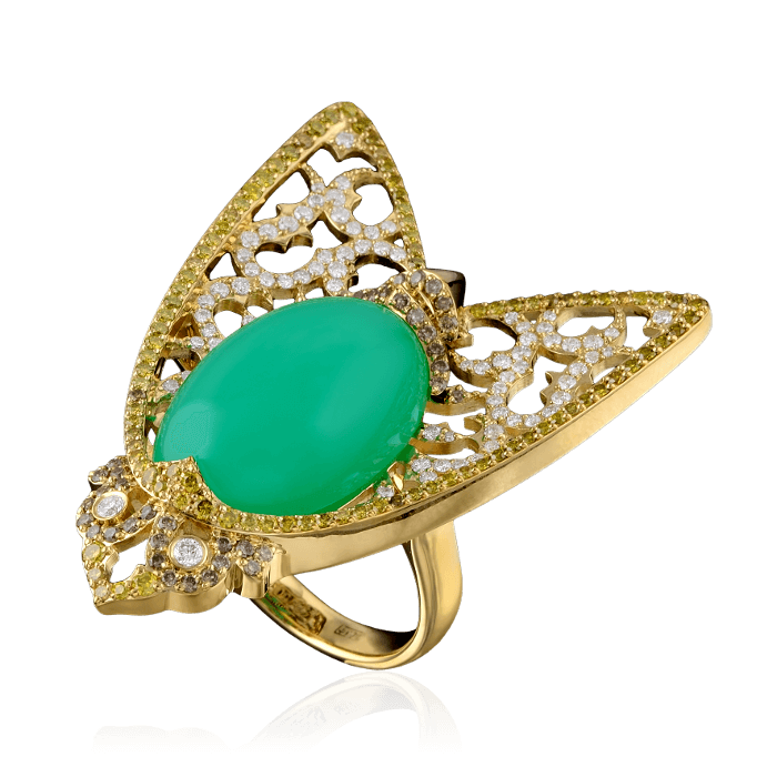 Кольцо муха с бриллиантами, бирюзой из желтого золота 750 пробы (арт. 43743)