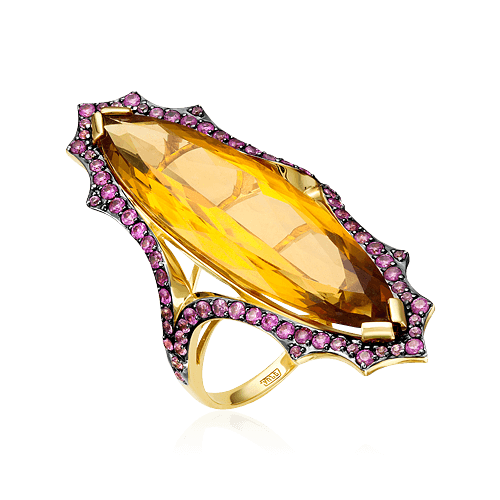 Кольцо с цитрином, розовыми сапфирами, бриллиантами из желтого золота 585 пробы (арт. 68145)