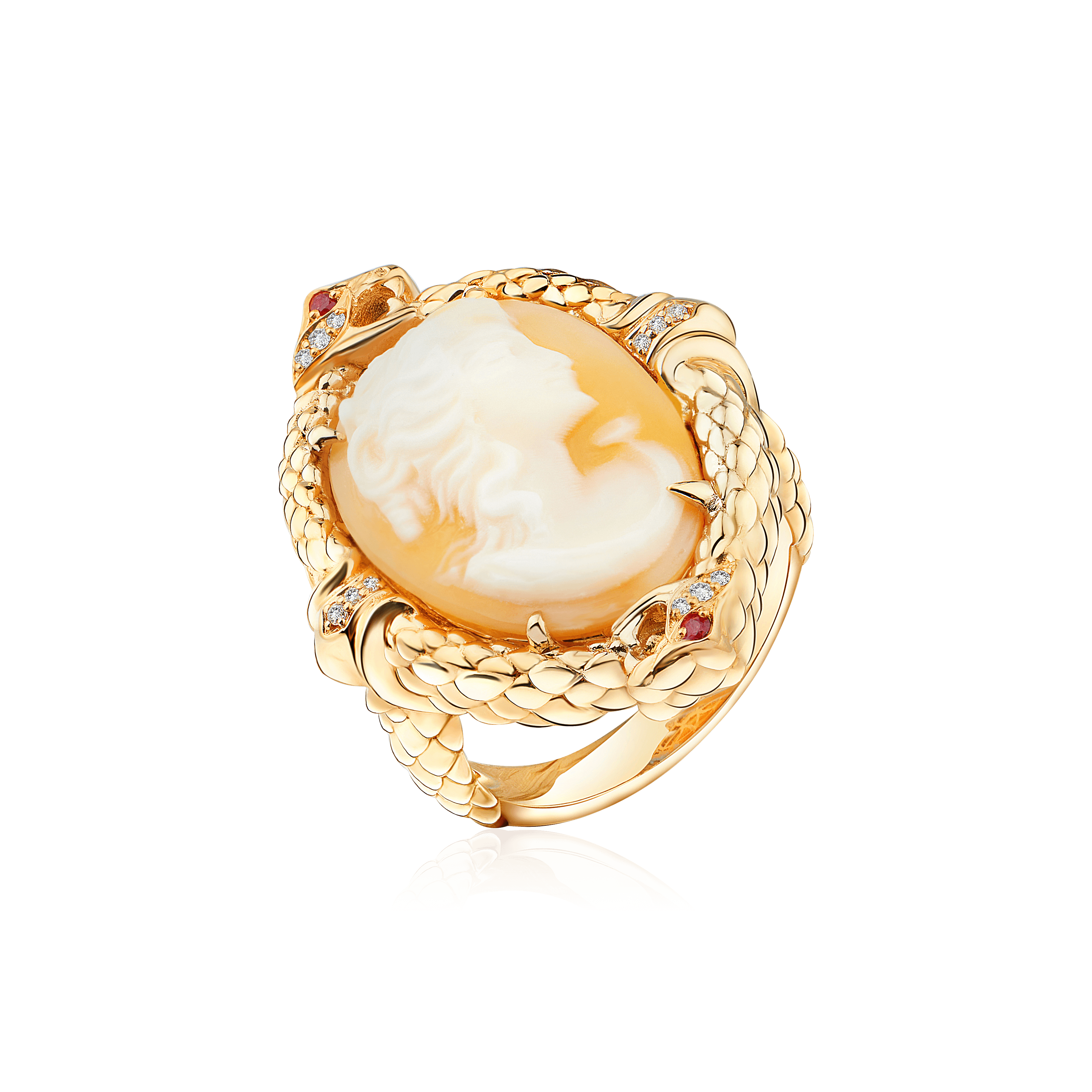 Кольцо с камеей на раковине, рубинами, бриллиантами из желтого золота 585 пробы (арт. 104868)