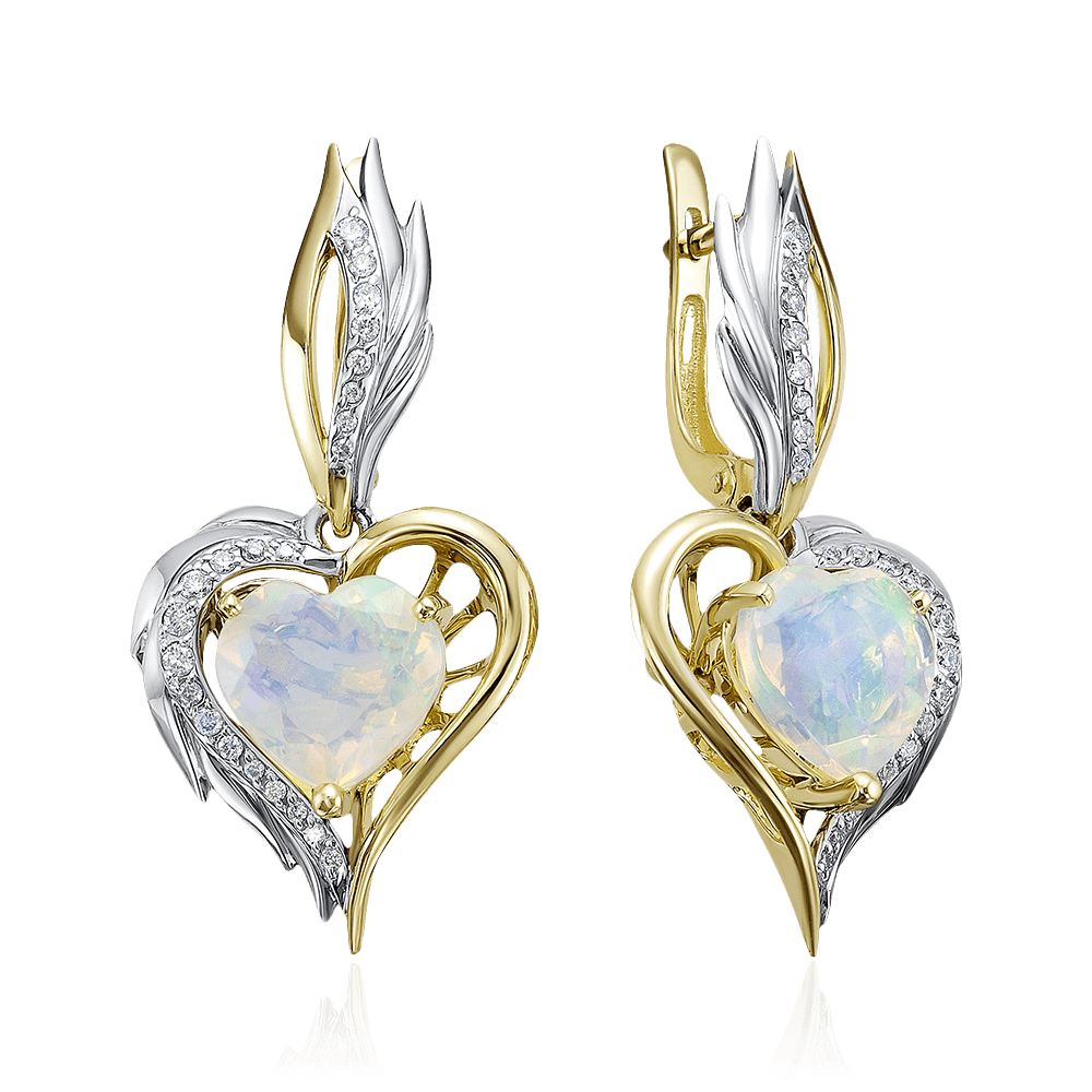 Серьги в форме сердец с опалом, бриллиантами из желтого золота 585 пробы (арт. 93813)