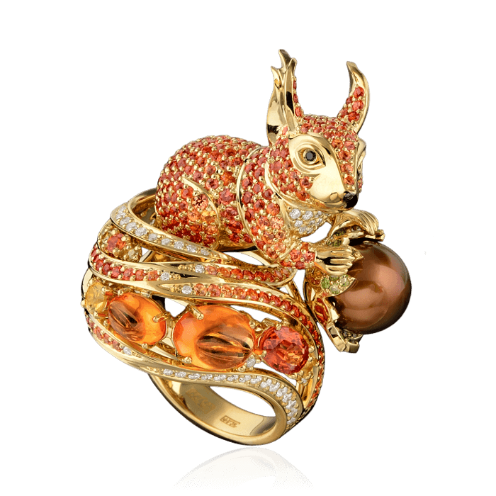 Кольцо Белочка с шоколадным морским жемчугом, цветными камнями и бриллиантами в желтом золоте 750 пробы, фото № 1