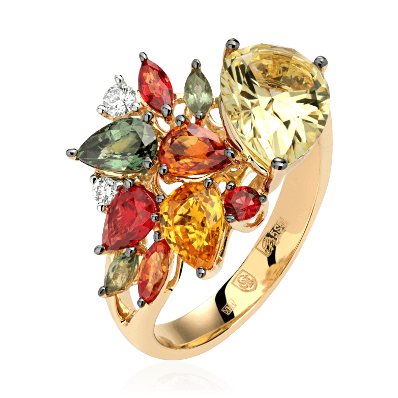 Кольцо с кварцем, цветными сапфирами, бриллиантами из желтого золота 585 пробы (арт. 86203)