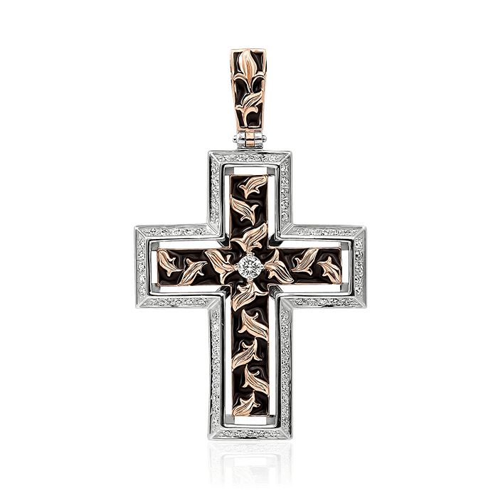 Православный крест из красного и белого золота 585 пробы с бриллиантами и горячей эмалью, фото № 1