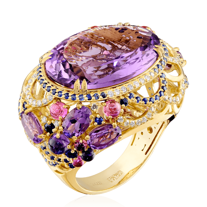Кольцо с аметистом, бриллиантами, сапфиром, турмалином из желтого золота 750 пробы, фото № 1