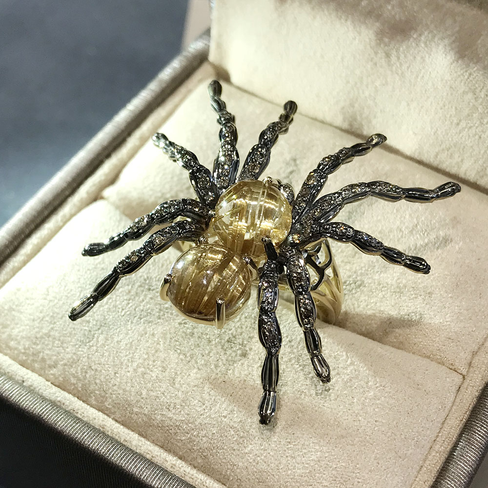 Кольцо Паук с кварцем, бриллиантами из желтого золота 585 пробы, фото № 2