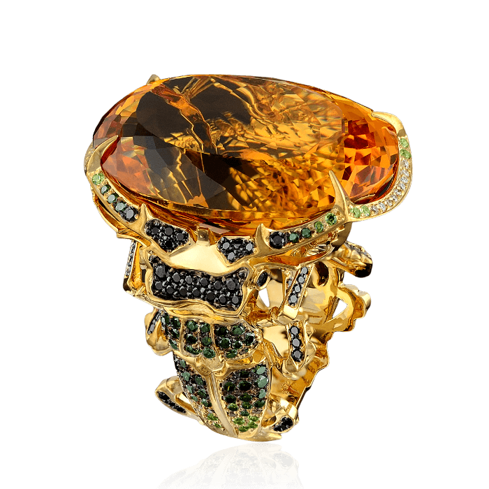 Кольцо Жук-олень с цветными камнями и бриллиантами в желтом золоте 750 пробы, фото № 1