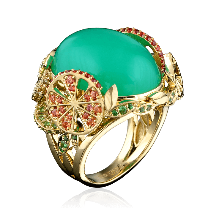 Коктейльное кольцо с цветными камнями и бриллиантами в желтом золоте 750 пробы, фото № 1