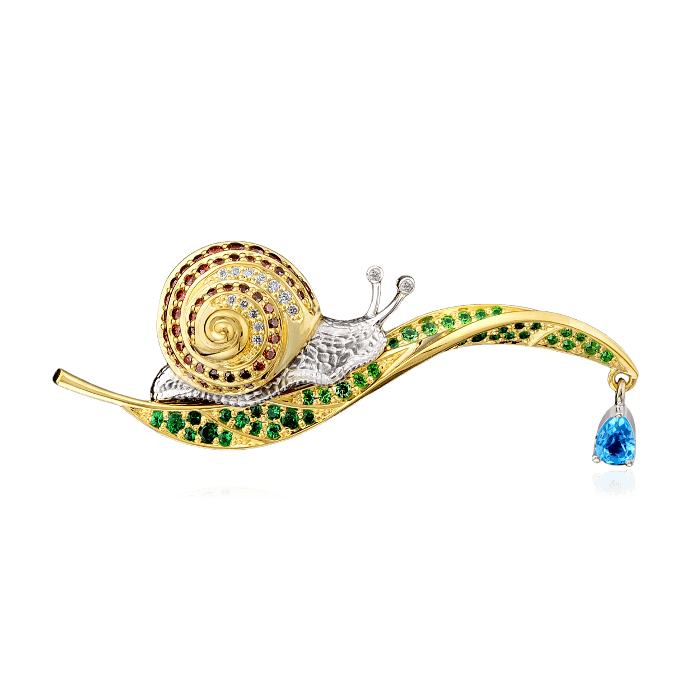 Брошь Улитка с топазом, бриллиантами, демантоидами, тсаворитами из желтого золота 750 пробы, фото № 1