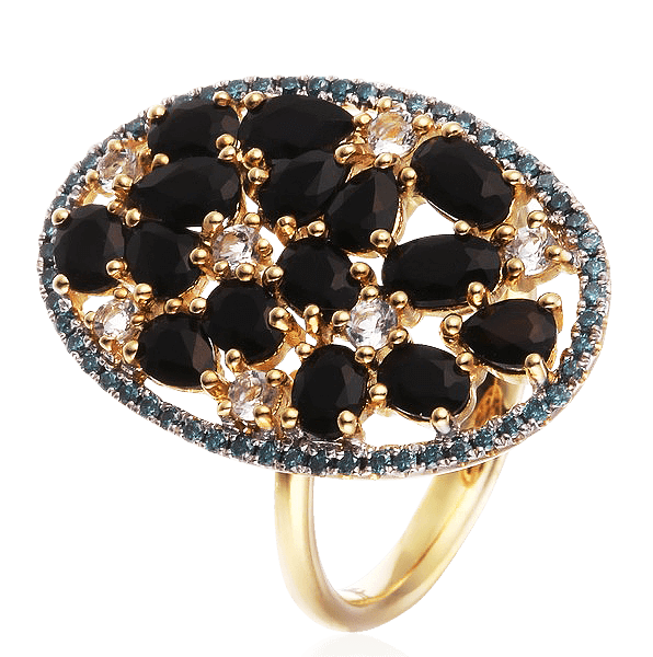 Кольцо с ониксом, кварцем, бриллиантами из желтого золота 585 пробы, фото № 1