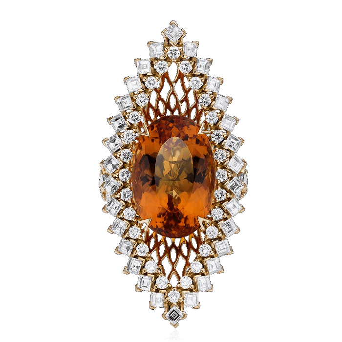 Кольцо с топазом Империал, бриллиантами из желтого золота 750 пробы, фото № 3