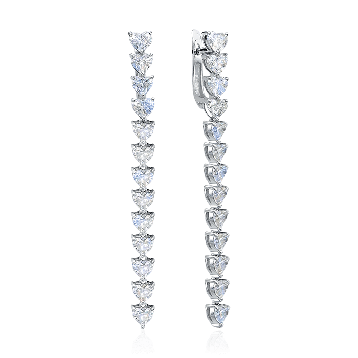 Длинные серьги с бриллиантами огранки сердце из белого золота 585 пробы (арт. 80517)