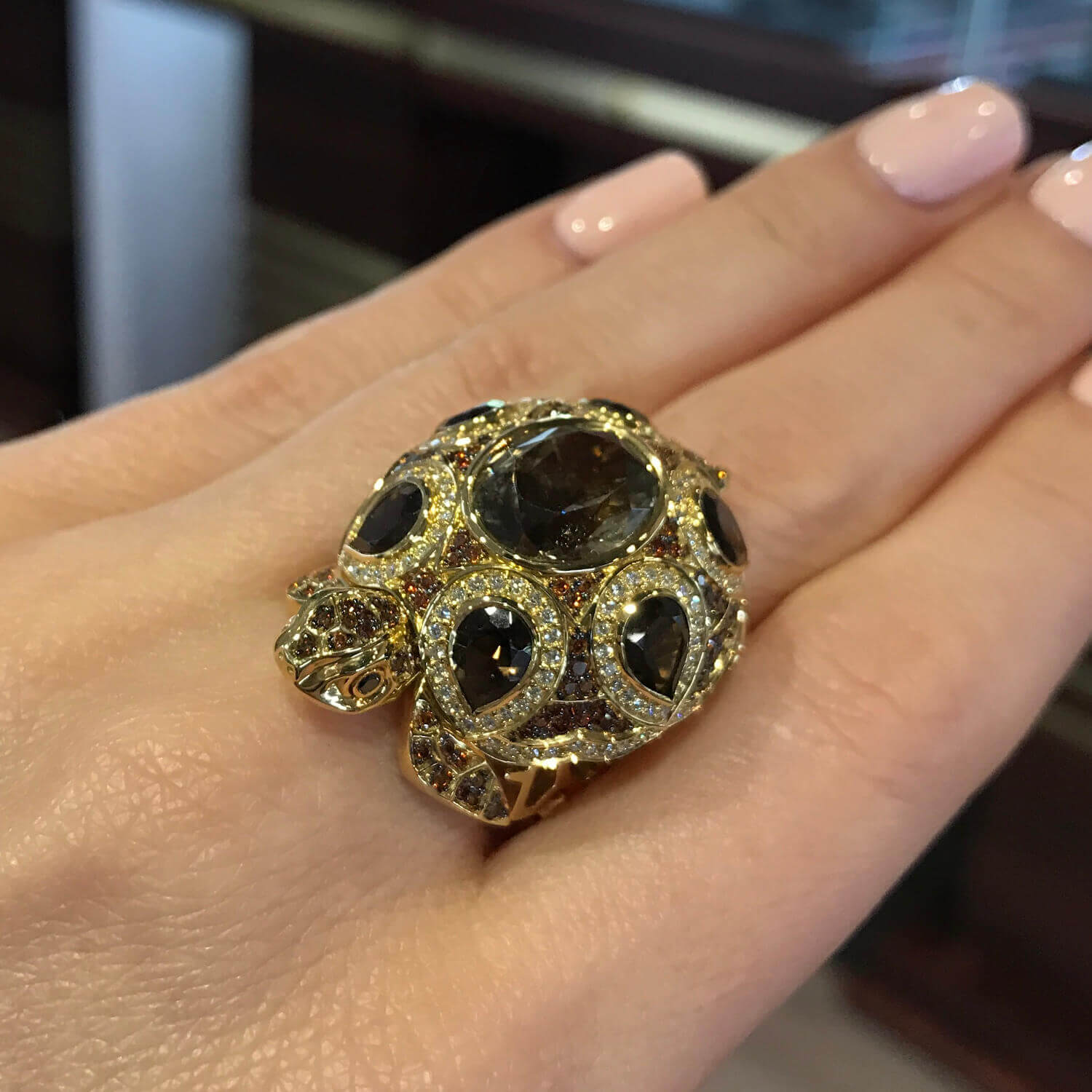 Кольцо Черепаха с раухтопазами, цитрином, бриллиантами в желтом золоте 585 пробы, фото № 3
