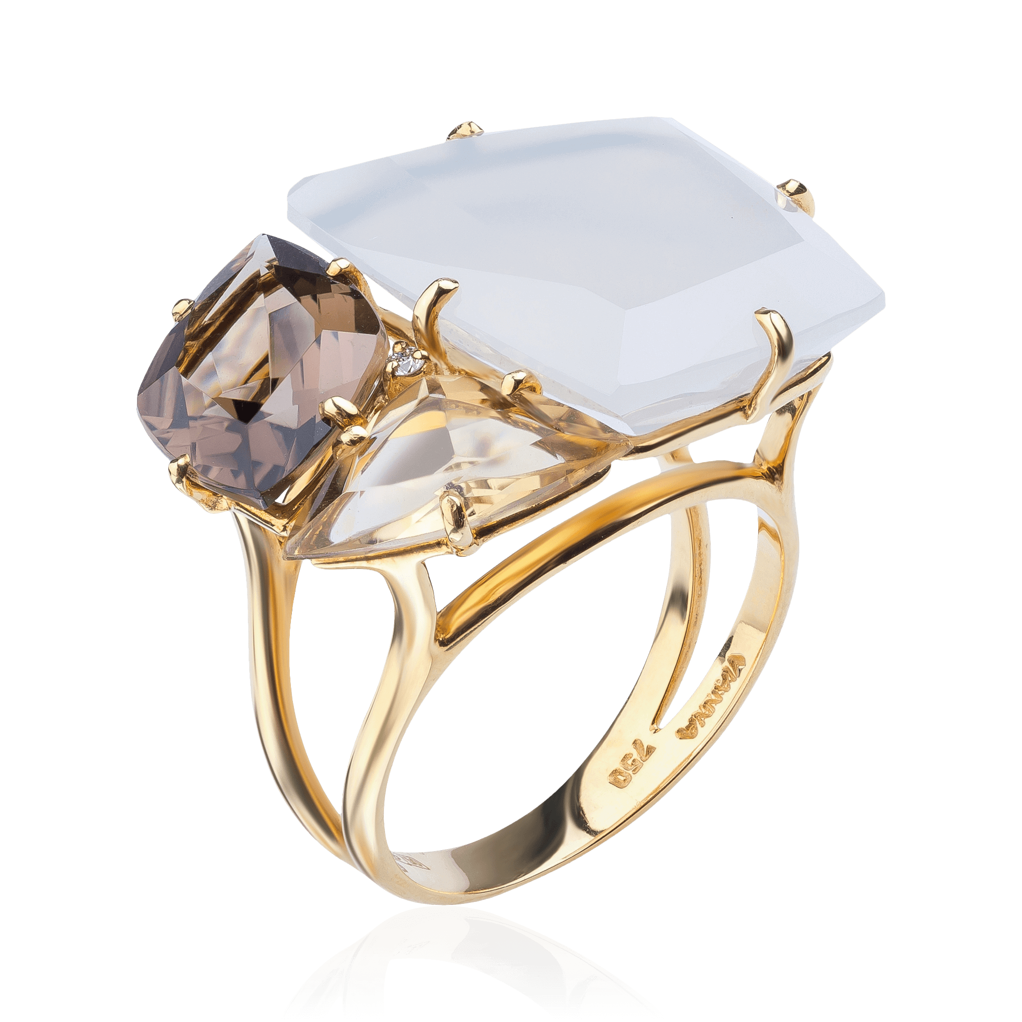 Кольцо с раухтопазом, агатом, цитрином, бриллиантами из желтого золота 750 пробы, фото № 1