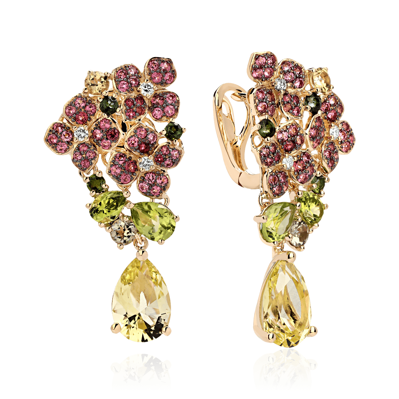 Серьги цветы с бриллиантами, хризолитом, кварцем, турмалином из желтого золота 585 пробы (арт. 82560)