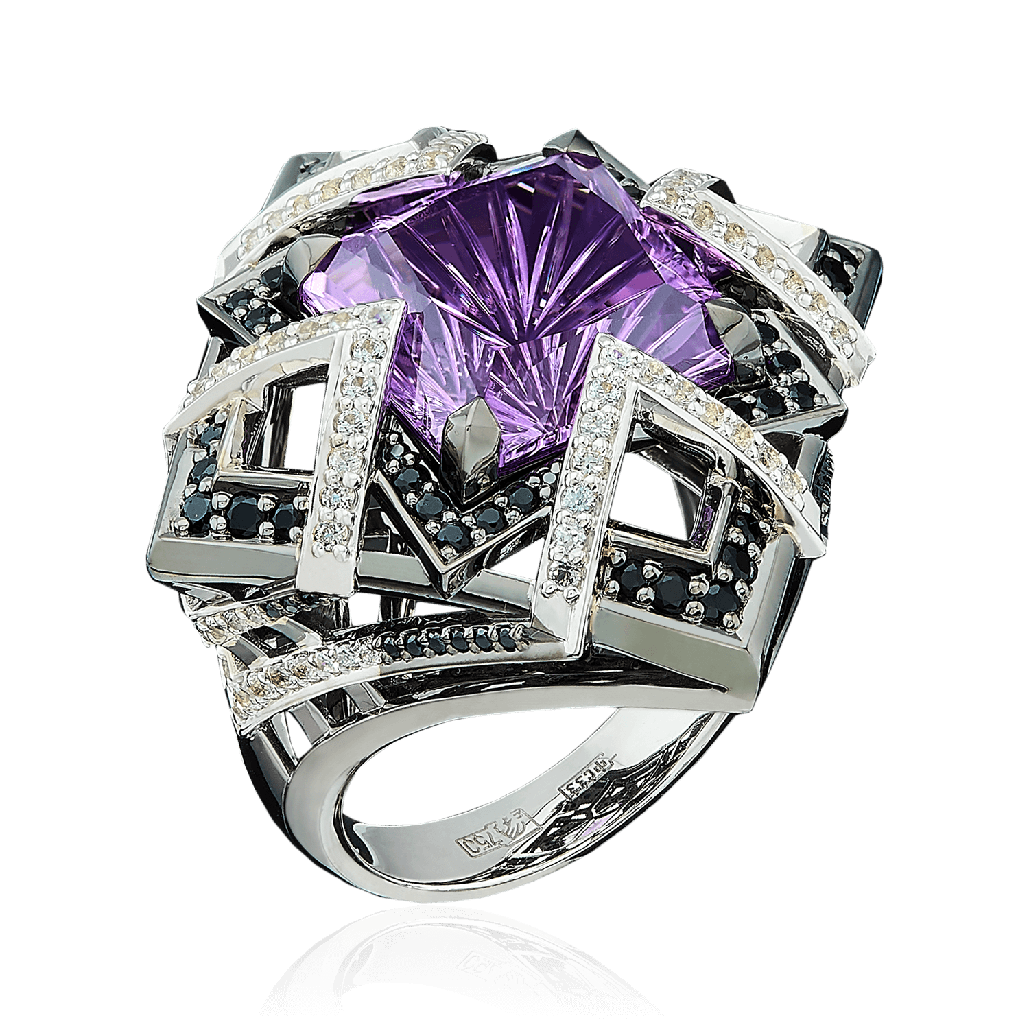 Кольцо с аметистом, цветными сапфирами, бриллиантами из белого золота 750 пробы, фото № 1